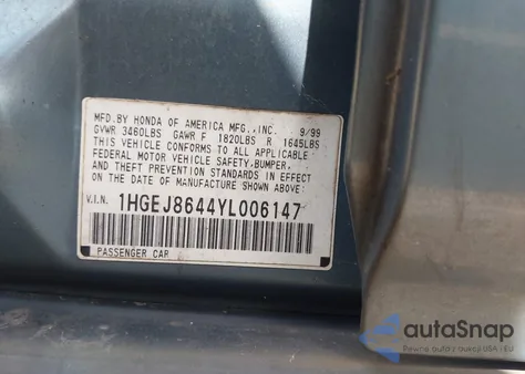 2000 Honda Civic Ex z USA, uszkodzony, nr VIN 1HGEJ8644YL006147